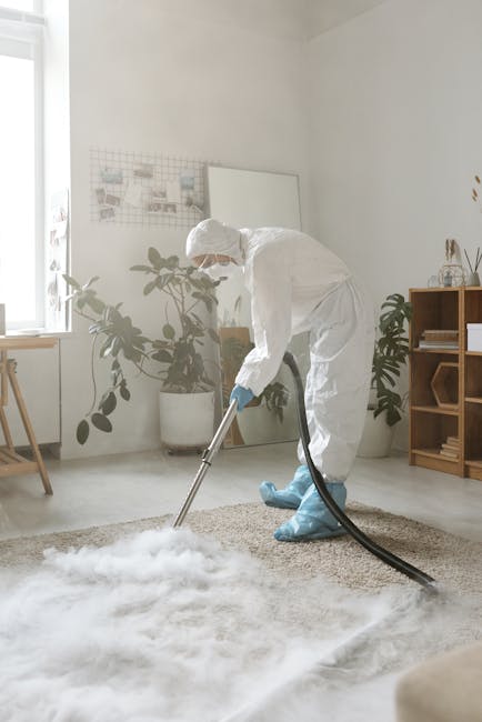 A person in beige work overalls is performing deep cleaning on a carpeted floor in an indoor space, possibly a conference room or meeting area. They are using a professional-grade vacuum cleaner with